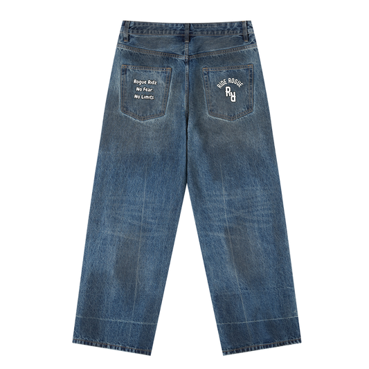 "Double R, No Fear. No Limits" Washed Baggy Jeans